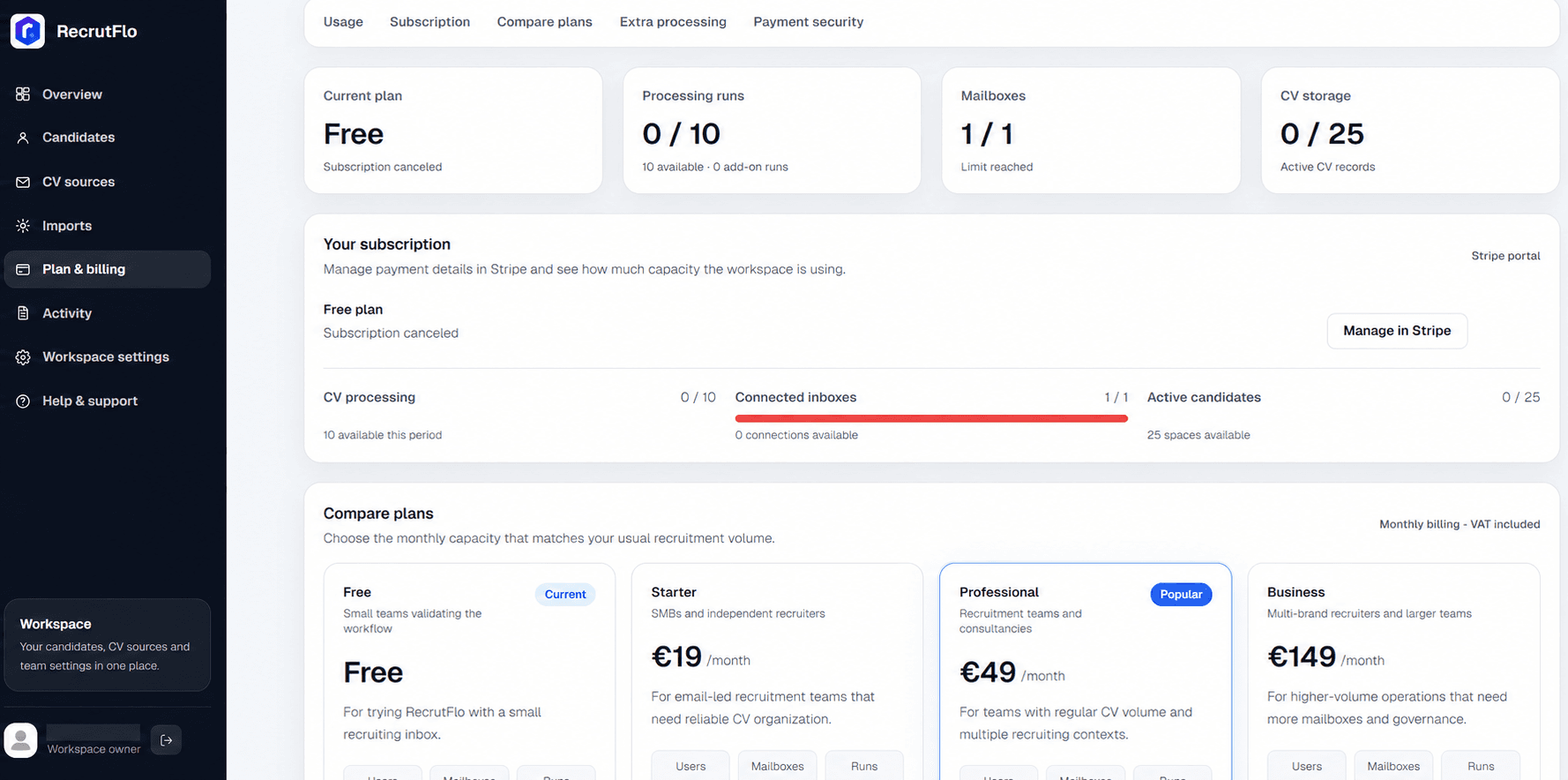 Control workspace capacity in RecrutFlo